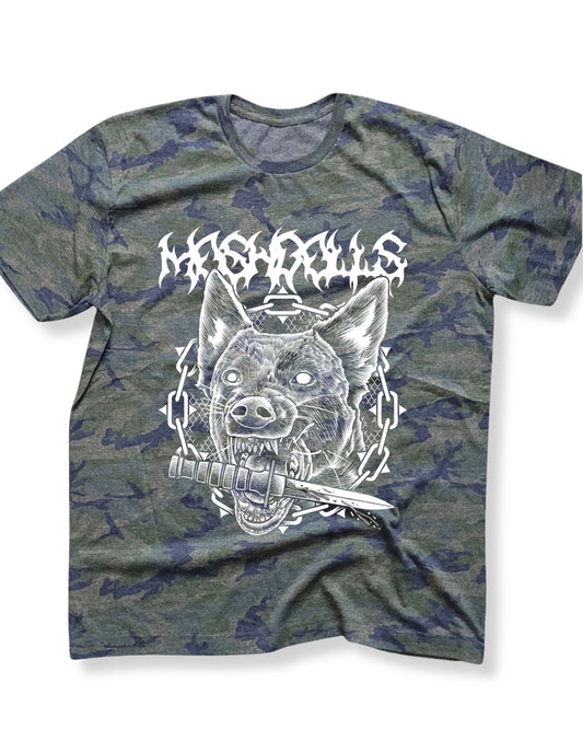 Camouflage t-shirt with dog graphic and 'Moshdolls' text on a white background