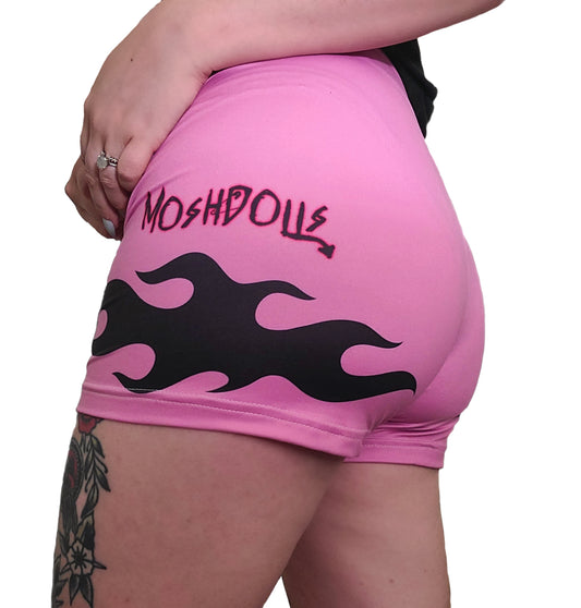 moshdolls, hot shorts, punk, y2k style, pink flame shorts, alternative style